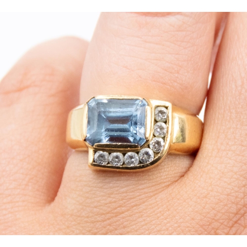 4 - Emerald Cut Aquamarine and Gemstone Set Geometric Form Ring Mounted in 18 Carat Yellow Gold Ring Siz... 