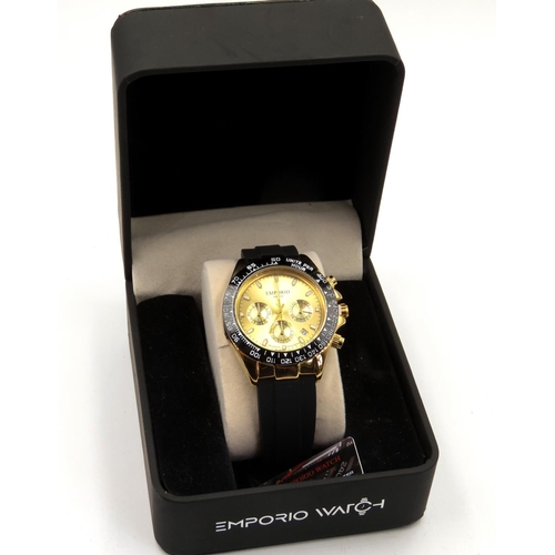 400 - Emporio Watch Chronograph Tachymeter Wristwatch Mechanical Professional Gold Colour Dial Black Silic... 