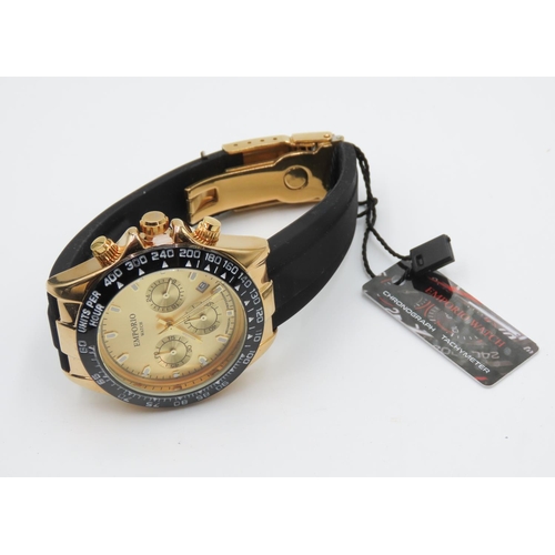 400 - Emporio Watch Chronograph Tachymeter Wristwatch Mechanical Professional Gold Colour Dial Black Silic... 