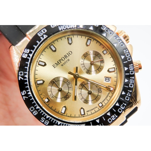 400 - Emporio Watch Chronograph Tachymeter Wristwatch Mechanical Professional Gold Colour Dial Black Silic... 