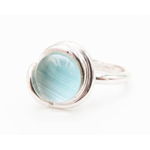 407 - LaBriola Cabochon Cut Aquamarine Single Stone Ring Set in 18 Carat White Gold Ring Size P