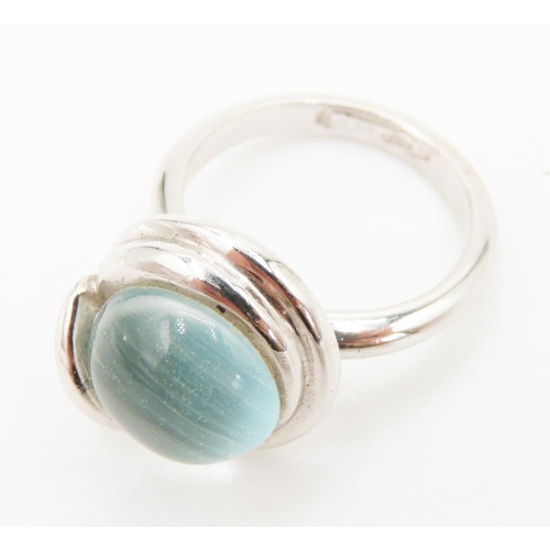 407 - LaBriola Cabochon Cut Aquamarine Single Stone Ring Set in 18 Carat White Gold Ring Size P