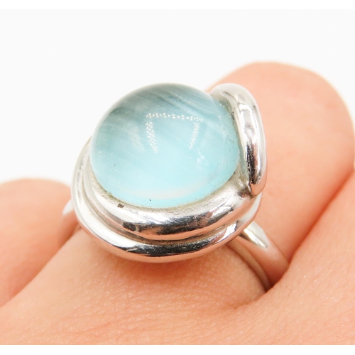 407 - LaBriola Cabochon Cut Aquamarine Single Stone Ring Set in 18 Carat White Gold Ring Size P