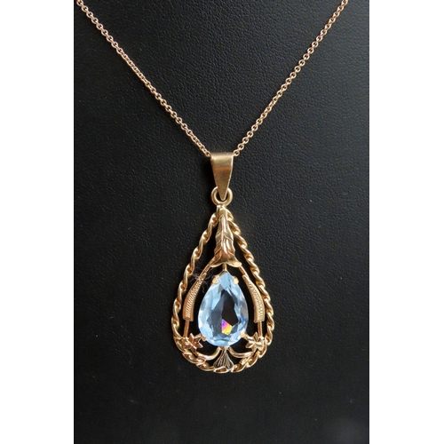 411 - Aquamarine Set Pear Cut Drop Pendant Set in 18 Carat Yellow Gold with Rope Form Detailing 5cm High F... 