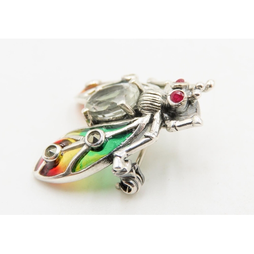 416 - Silver Fly Motif Brooch Set with Rubies, Marcasite and Quartz Attractively Detailed 3cm High