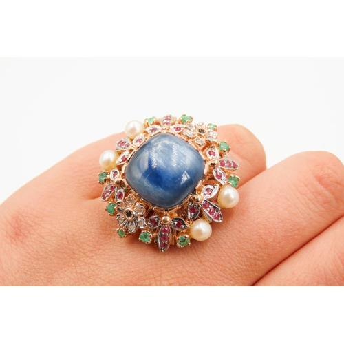 419 - Sapphire Set Ruby Diamond and Emerald Cluster Ring with Twin Seed Pearl Side Decoration Attractively... 