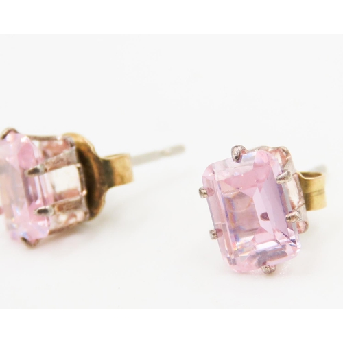 436 - Pair of Emerald Cut Pink Garnet Earrings Set in Silver 6mm High