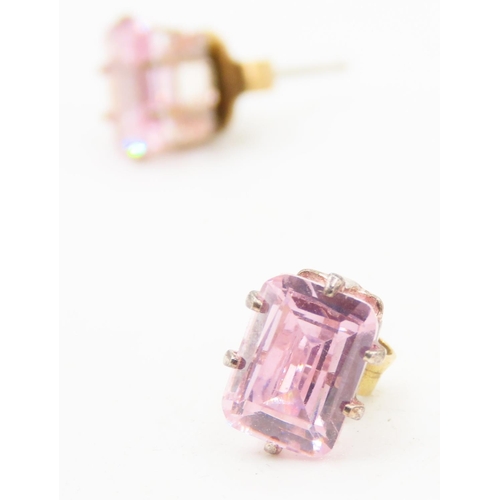 436 - Pair of Emerald Cut Pink Garnet Earrings Set in Silver 6mm High