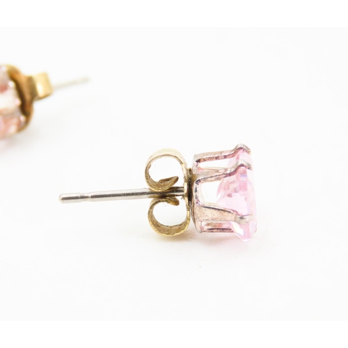 436 - Pair of Emerald Cut Pink Garnet Earrings Set in Silver 6mm High