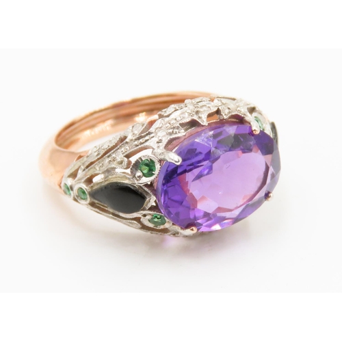 439 - Amethyst Four Claw Set Ladies Ring Diamond Decorated Surrounds with Inset Emeralds 9 Carat Rose Gold... 