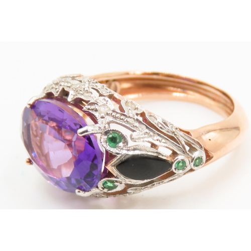 439 - Amethyst Four Claw Set Ladies Ring Diamond Decorated Surrounds with Inset Emeralds 9 Carat Rose Gold... 