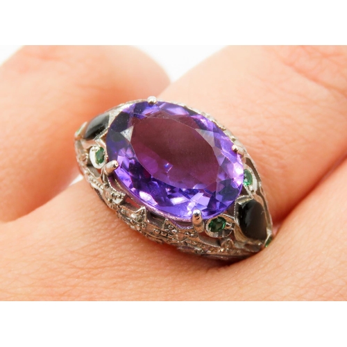 439 - Amethyst Four Claw Set Ladies Ring Diamond Decorated Surrounds with Inset Emeralds 9 Carat Rose Gold... 