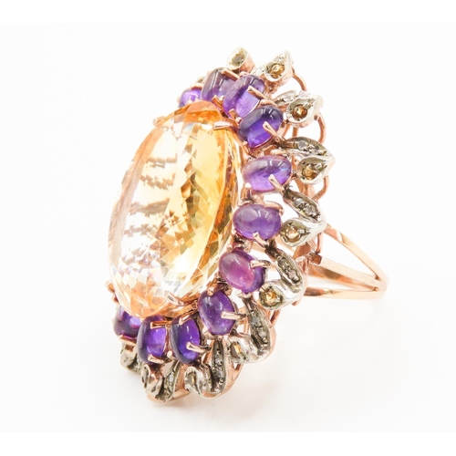 441 - Citrine Oval Cut Statement Ring Mounted on 9 Carat Rose Gold Band Further Set with Entourage of Amet... 