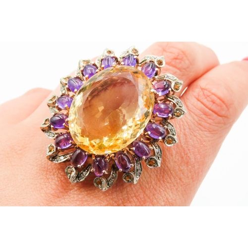 441 - Citrine Oval Cut Statement Ring Mounted on 9 Carat Rose Gold Band Further Set with Entourage of Amet... 