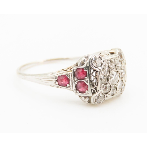 445 - Unusual Form Ladies Diamond and Ruby Set Ring Mounted in 18 Carat White Gold Ring Size R