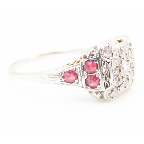 445 - Unusual Form Ladies Diamond and Ruby Set Ring Mounted in 18 Carat White Gold Ring Size R