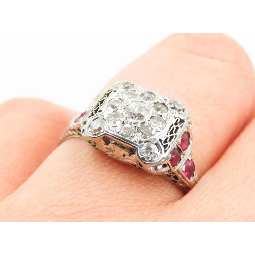 445 - Unusual Form Ladies Diamond and Ruby Set Ring Mounted in 18 Carat White Gold Ring Size R