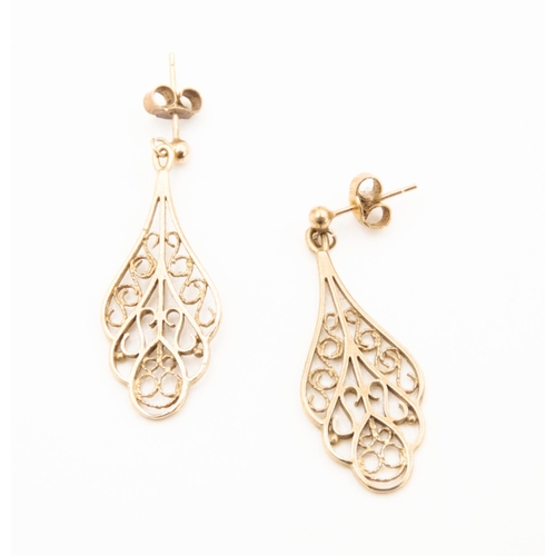 45 - Pair of 9 Carat Yellow Gold Filigree Form Ladies Drop Earrings Each 3cm Drop