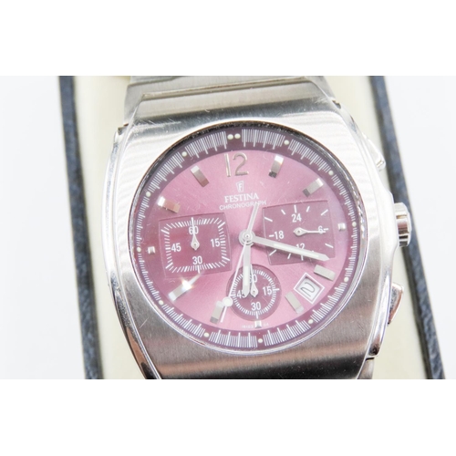 457 - Festina Chronograph Stainless Steel Watch Burgundy Dial Date Aperture with Original Presentation Box