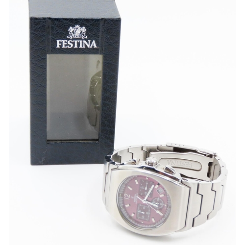 457 - Festina Chronograph Stainless Steel Watch Burgundy Dial Date Aperture with Original Presentation Box