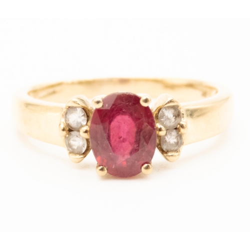 46 - Ruby Centre Stone Ring Set in 9 Carat Yellow Gold Further Gemstone Set to Shoulders Ring Size R