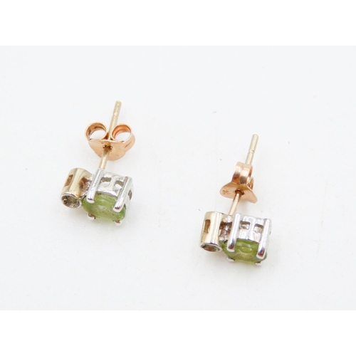 461 - Pair of 9 Carat Yellow and White Gold Peridot and Diamond Set Ladies Earrings 7mm High As New Unworn