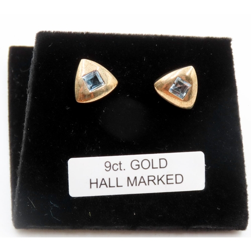 463 - Pair of Square Cut Aquamarine Set Triangle Form Earrings Mounted in 9 Carat Yellow Gold As New Unwor... 