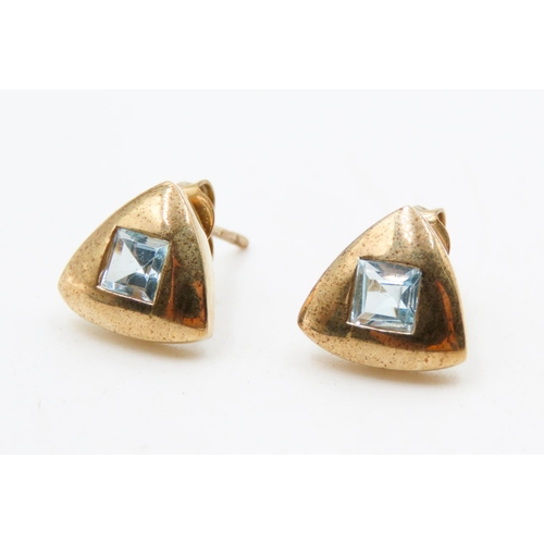 463 - Pair of Square Cut Aquamarine Set Triangle Form Earrings Mounted in 9 Carat Yellow Gold As New Unwor... 