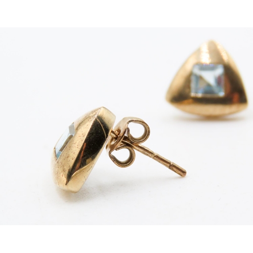 463 - Pair of Square Cut Aquamarine Set Triangle Form Earrings Mounted in 9 Carat Yellow Gold As New Unwor... 