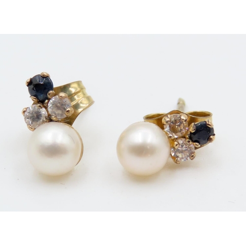 464 - Pair of Pearl Sapphire and Gemstone Set Ladies 9 Carat Yellow Gold Earrings 6mm High As New Unworn