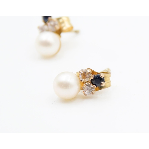 464 - Pair of Pearl Sapphire and Gemstone Set Ladies 9 Carat Yellow Gold Earrings 6mm High As New Unworn