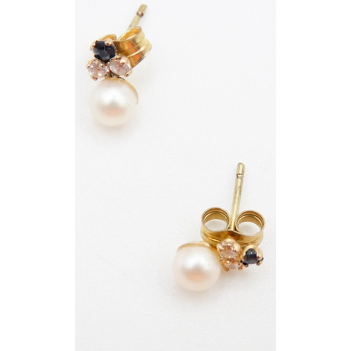 464 - Pair of Pearl Sapphire and Gemstone Set Ladies 9 Carat Yellow Gold Earrings 6mm High As New Unworn