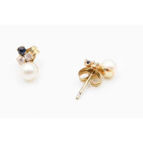 464 - Pair of Pearl Sapphire and Gemstone Set Ladies 9 Carat Yellow Gold Earrings 6mm High As New Unworn