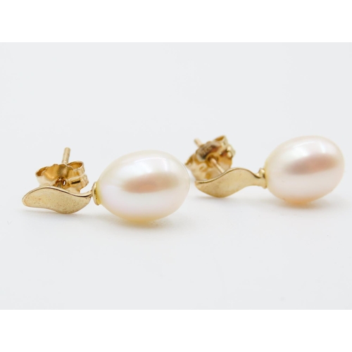 465 - Pair of 9 Carat Yellow Gold Pearl Set Earrings 1.5cm High As New Unworn