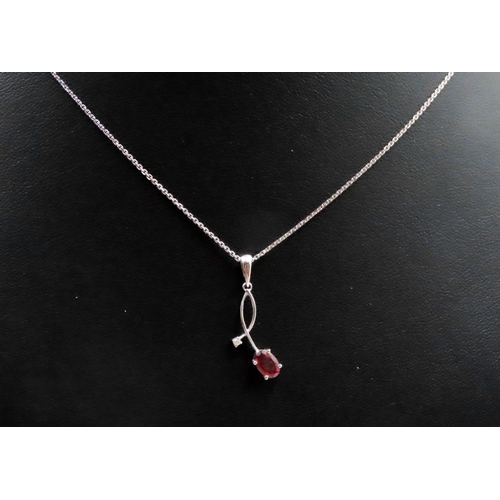 480 - Red Garnet and Diamond Set 9 Carat White Gold Pendant 2cm High Set on 9 Carat White Gold Chain 46cm ... 