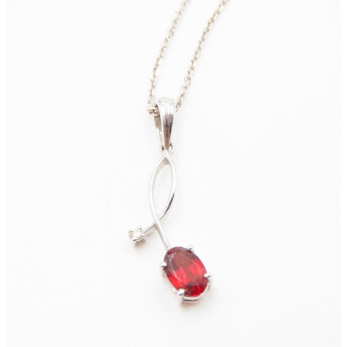 480 - Red Garnet and Diamond Set 9 Carat White Gold Pendant 2cm High Set on 9 Carat White Gold Chain 46cm ... 