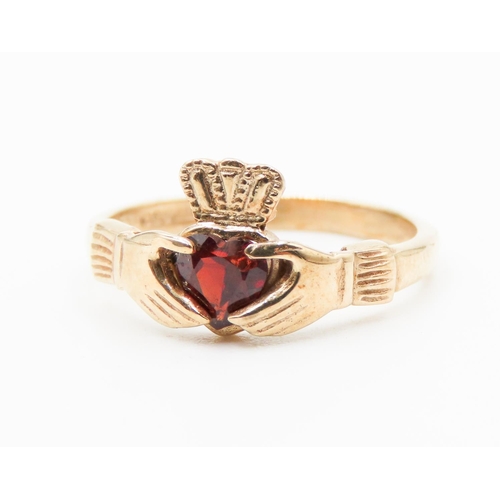 489 - Red Garnet Set 9 Carat Yellow Gold Claddagh Ring Size N As New Unworn