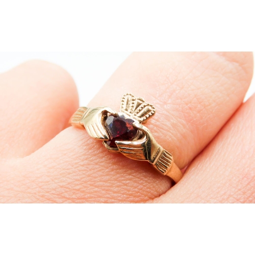 489 - Red Garnet Set 9 Carat Yellow Gold Claddagh Ring Size N As New Unworn