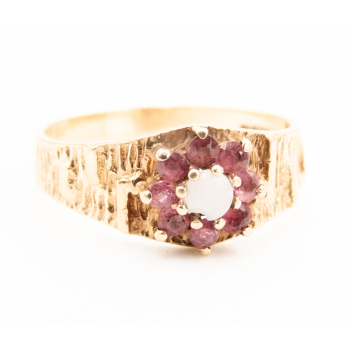 50 - Ruby and Opal Set Daisy Motif Ring Mounted in 9 Carat Yellow Gold Textured Band Ring Size P