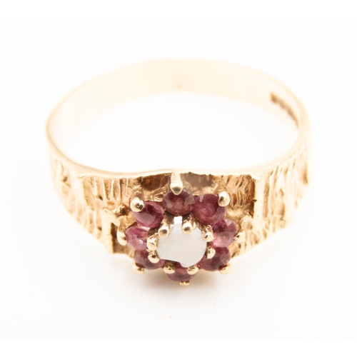 50 - Ruby and Opal Set Daisy Motif Ring Mounted in 9 Carat Yellow Gold Textured Band Ring Size P