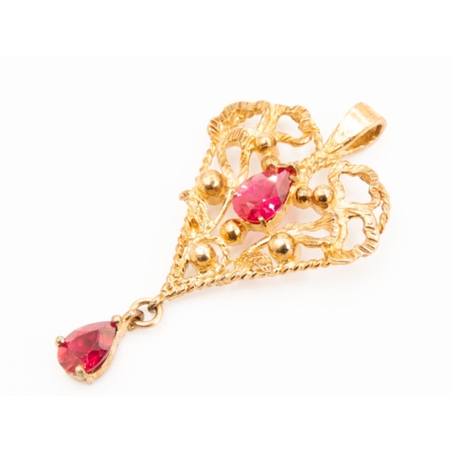 51 - Pear Cut Russian Ruby Twin Stone Set Filigree Form Heart Drop Pendant Set in 9 Carat Yellow Gold 4cm... 