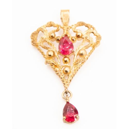 51 - Pear Cut Russian Ruby Twin Stone Set Filigree Form Heart Drop Pendant Set in 9 Carat Yellow Gold 4cm... 