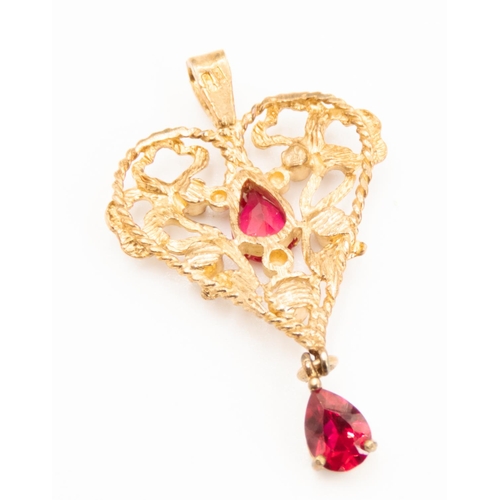 51 - Pear Cut Russian Ruby Twin Stone Set Filigree Form Heart Drop Pendant Set in 9 Carat Yellow Gold 4cm... 