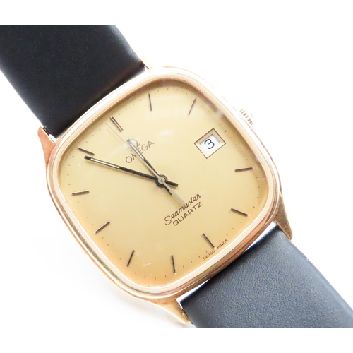 519 - Omega Seamaster 14 Carat Yellow Gold Cased Swiss Made Quartz Wristwatch Date Aperture Black Leather ... 