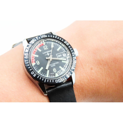 523 - Lucerne 5 ATM Tested Swiss Made Divers Wristwatch Date Aperture Glow in the Dark Numbers and Batons