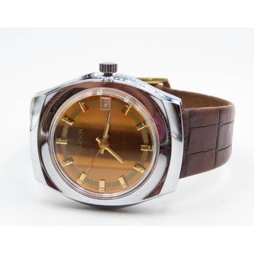 525 - Pearson De Luxe Antimagnetic Swiss Made Gentlemans Wristwatch Date Aperture Brown Leather Strap