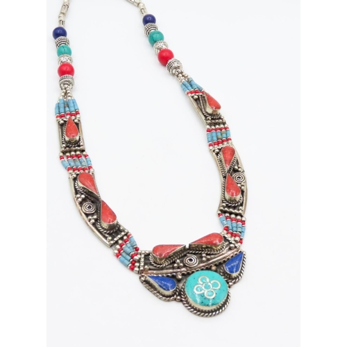 544 - Finely Detailed American Indian Turquoise Coral and Lapis Lazuli Set Statement Necklace 46cm Long