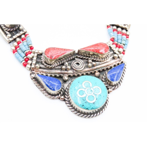 544 - Finely Detailed American Indian Turquoise Coral and Lapis Lazuli Set Statement Necklace 46cm Long