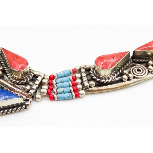 544 - Finely Detailed American Indian Turquoise Coral and Lapis Lazuli Set Statement Necklace 46cm Long