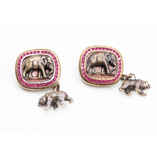 545 - Pair of Russian Silver Ruby Set Elephant and Bear Motif Cuff Links Signed Faberge